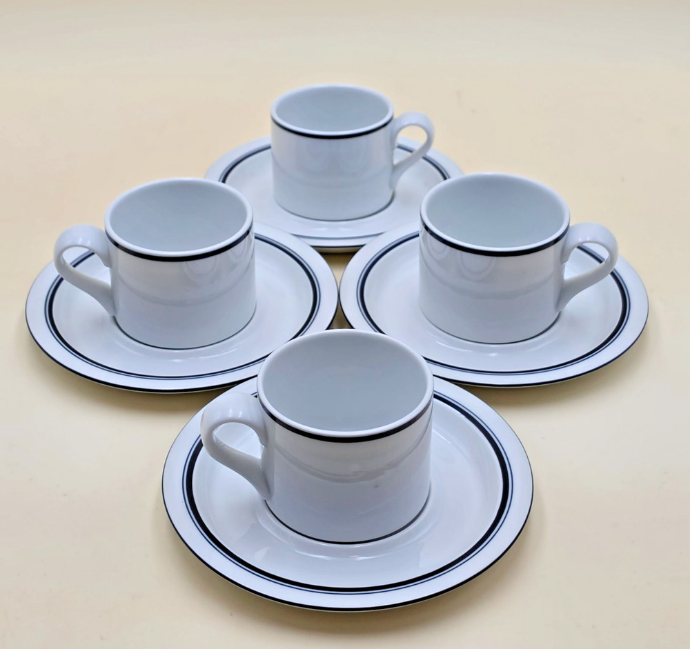 Dansk Bistro Christianshavn Blue Stripe Cup & Saucer Set of 4 Flat Coffee Mugs